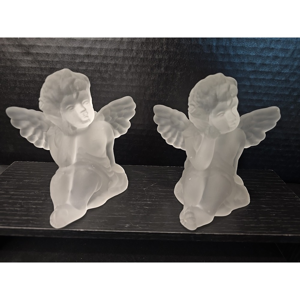 Vintage Pair of Frosted Clear Crystal Heavy Glass Sitting Angles, Candle Holders